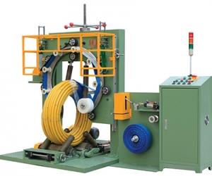 Hose coil wrapping machine