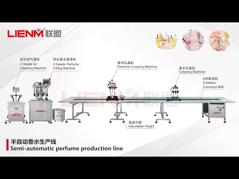 LM-Semi-auto Perfume Filling Packing Line: Air cleaning, 4 heads filler, crimping, collaring machine