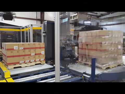 Dual Pallet Cell for Two Lines In and Two Pallets Out, with Stretch Wrapper