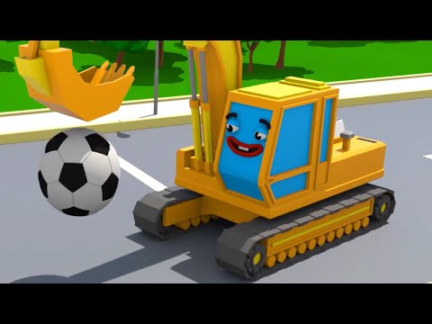 Gelber Bagger spielt der Fußball in der Stadt - Cars Town - Zeichentrickfilm für Kinder