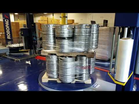 Rotoplat 708 stretch wrapper - variable roping device - double stacked kegs -Robopac USA