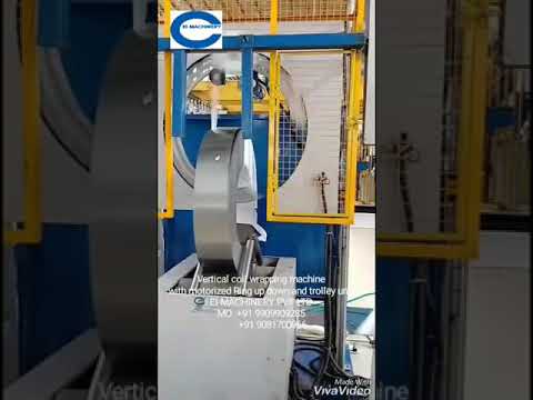 slit #steel Vertical #coil wrapping machine with Motorized ring up down system and trolley unit