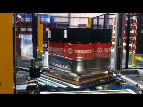 ROTOPLAT 3000 automatic stretch wrapper wrapping oil barrels video by Robopac USA