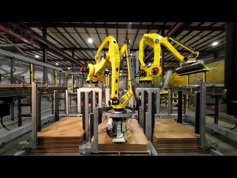 Kaufman Dual KPal V Robotic Palletizing System with KForce R35 Stretch Wrapper