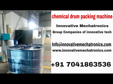 chemical drum packing machine | plastic chemical drum in pallet wrapping machine