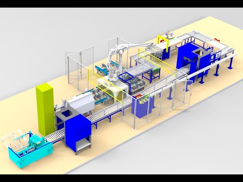 3D design of packaging line automated boxing, unpacking, conveying, labeling, and palletizing