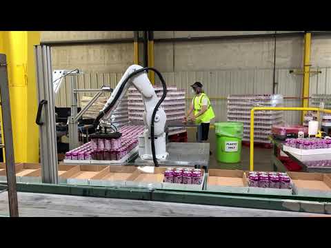 Beverage variety packing robot arm on a production line