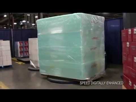 Lantech Q300 semi auto stretch wrapper packs foam blocks