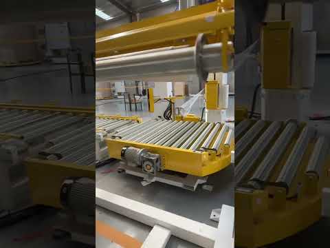 Automatically packing line including pallet dispenser, palletizer robot, online wrapping machine