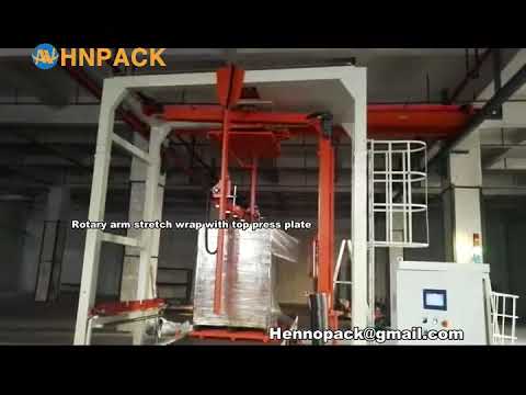 Fully Automatic In line Rotary Arm Pallet Stretch wrapper with top press plate