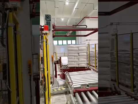 Robot palletizer for bags,Inline pallet wrapping machine with top sheet dispenser,Conveyor system