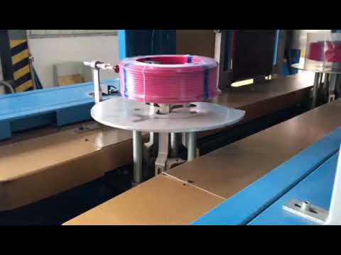 Wire coil film shrink packing side labeling, robot palletizing line-Judy