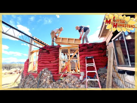 Rock Base Completed, Trusses &amp; Headers on Earthbag Shop | Peek Ep391