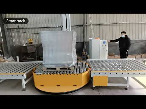 Online turntable pallet stretch wrapping machine with roller conveyors and automatic control program