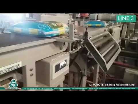 Fully Automatic Packing &amp; Palletizing System - 3 ROBOTS PALLETIZING LINE ( 5 &amp; 10 kg)