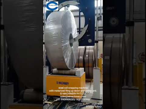 steel coil wrapping machine with motorized ring up down and trolley unit