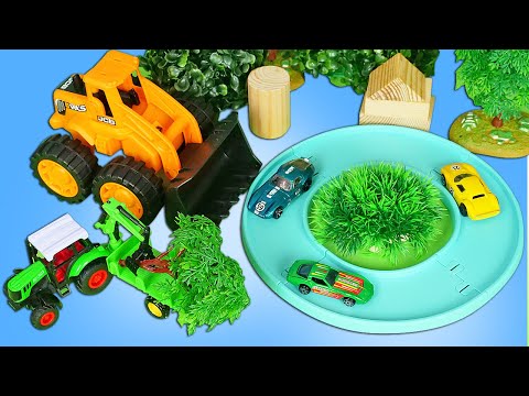 Bagger Video für Kinder. Die Helfer Autos bauen eine Rennbahn. Tolle Spielzeugautos