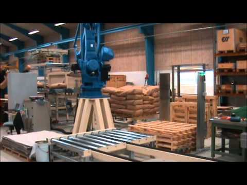 Robot palletizing with bag, pallet and cardboard handling.