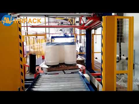 Hennopack fully auto on line MS303 turntable pallet wrapper with MT107S stretch type top film cover